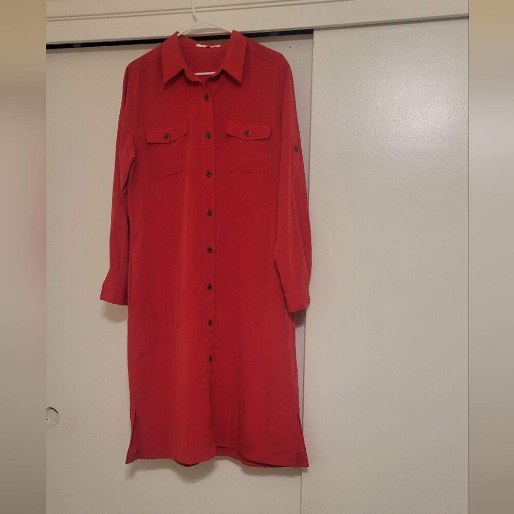 TravelSmith Womens Large Red Midi Shirt Dress Button Front Long Sleeve Travel